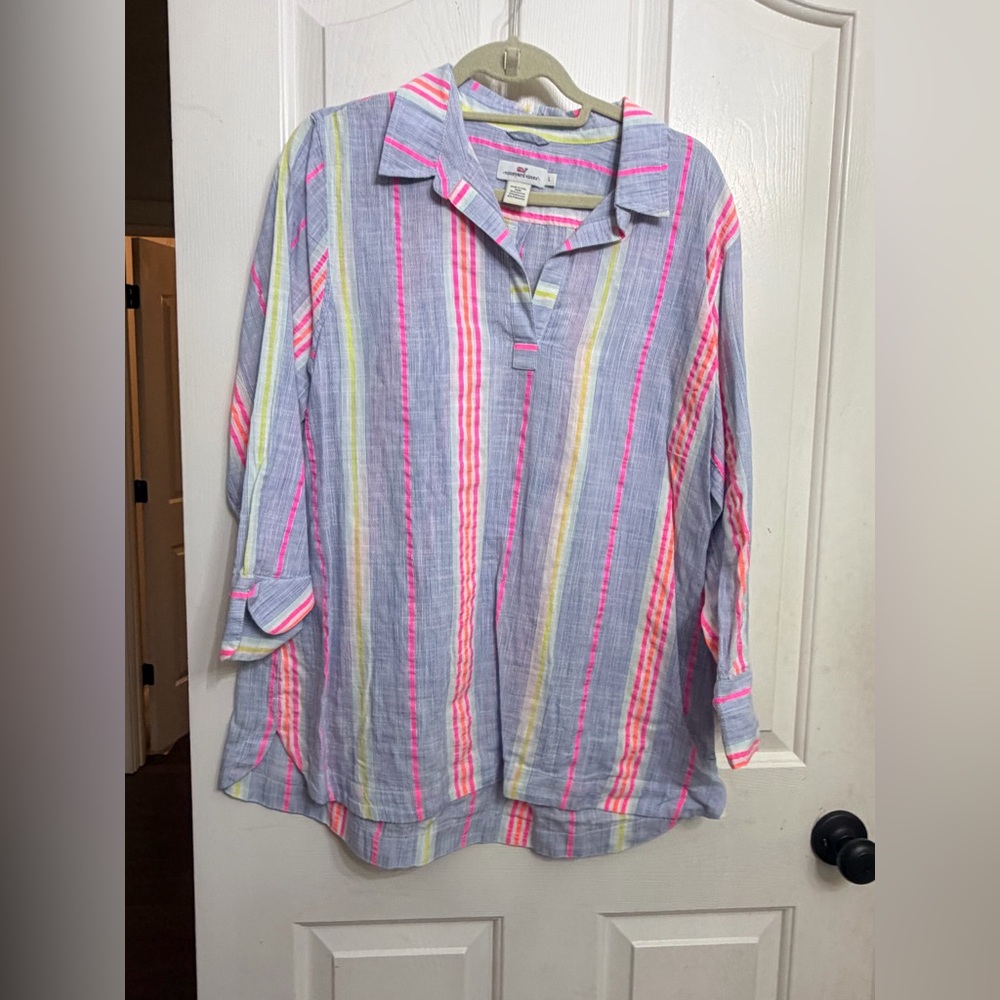 Vineyard Vines Lavender Striped Roll-Tab Tunic with Pink & Yellow Neon Accents